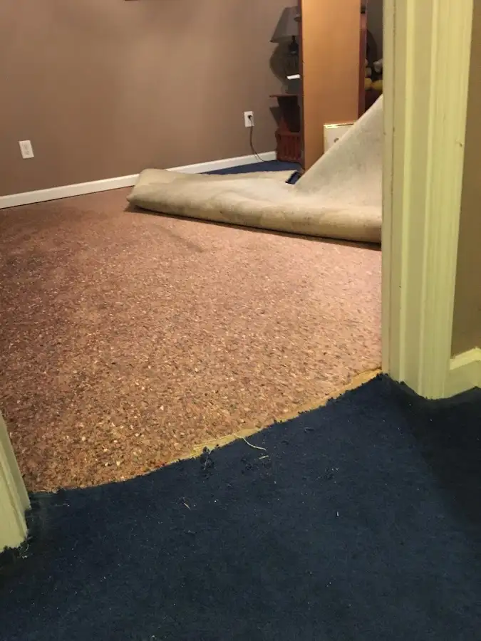 Carpet pad removal revealing water damage during Drying & Dehumidification in Plano